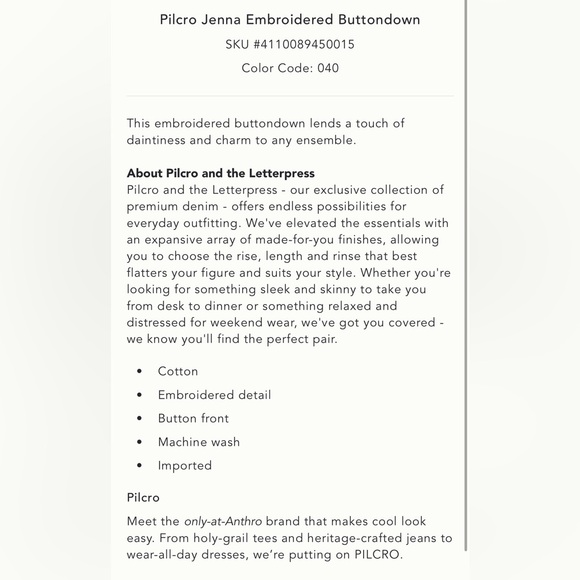 EUC Anthropologie Pilcro Jenna Embroidered Button-Down top M - Picture 8 of 9